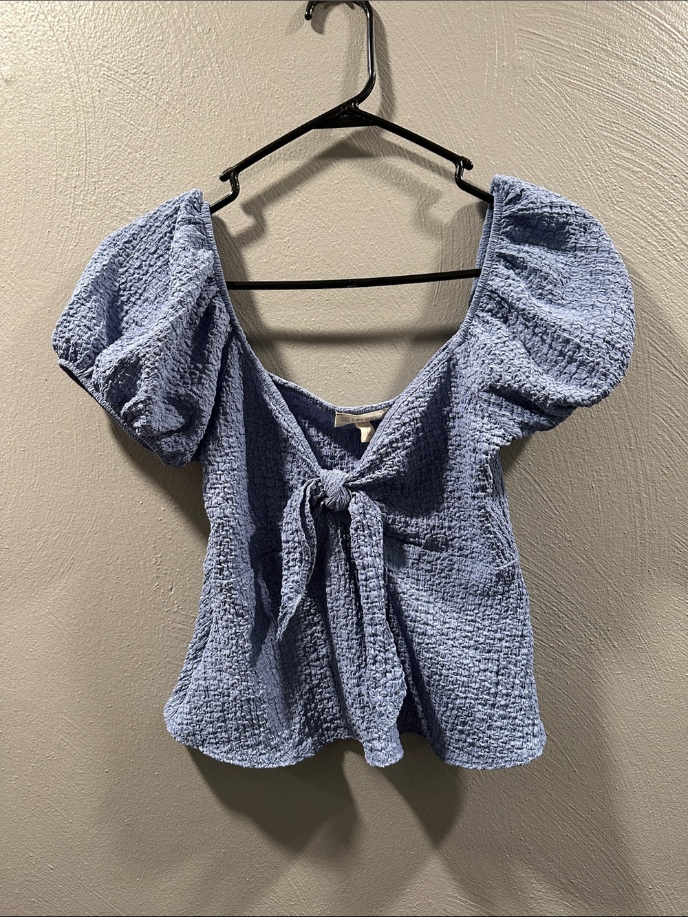 See You Monday Light Blue Tie-Front Puff Sleeve Top